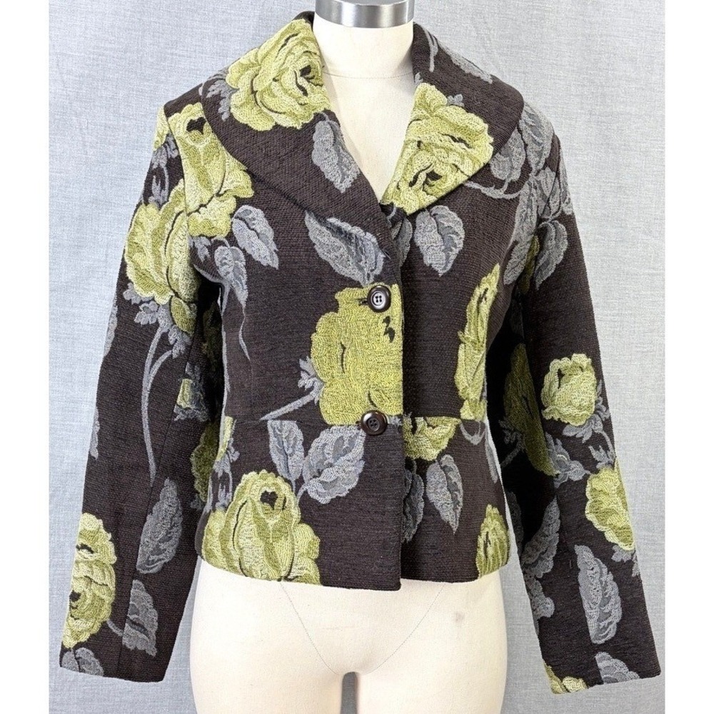 Isda & Co Cropped Blazer Brown‎ Chartreuse Rose Tapestry Floral Lined M